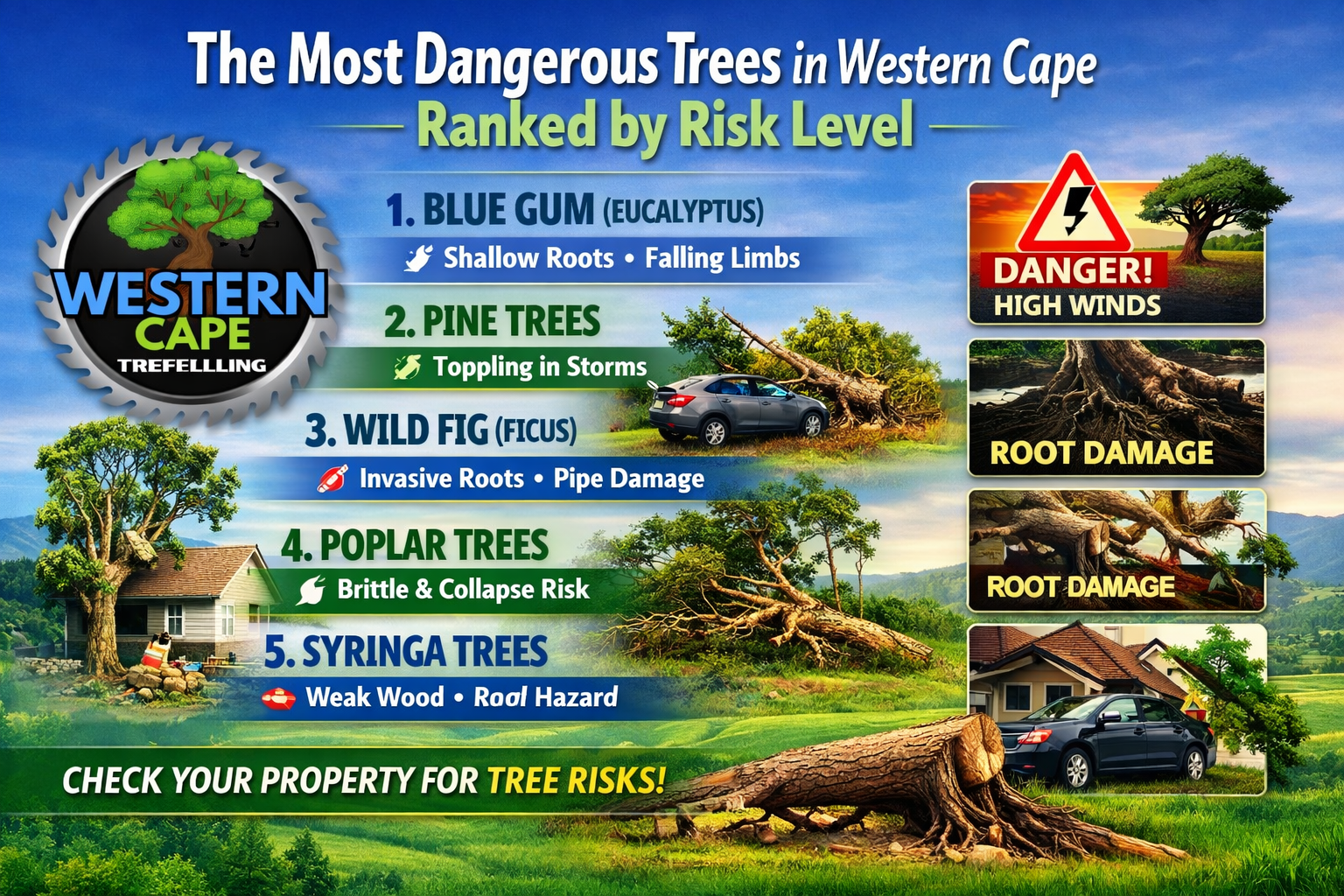 The Most Dangerous Trees in Western Cape – Ranked by Risk Level Western Cape Treefelling infographic showing the five most dangerous tree species in the Western Cape — Blue Gum, Pine, Wild Fig, Poplar, and Syringa — ranked by risk level with visuals of fallen trees, root damage, and storm hazards.